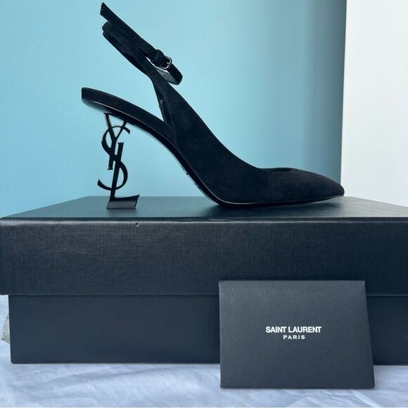 NEW | SAINT LAURENT Opyum Suede Pointed Toe Black Sling Back Heels sz. 37.5 - Picture 2 of 10